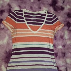 American Eagle Multicolor Striped V-Neck Tee